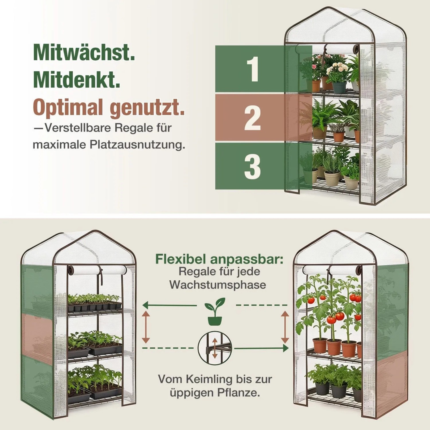 Sekey Foliengewächshaus mit 3 Etagen und flexibler Pflanzhöhe. Transparentes Gewächshaus für Tomaten, Setzlinge im Garten oder auf dem Balkon.