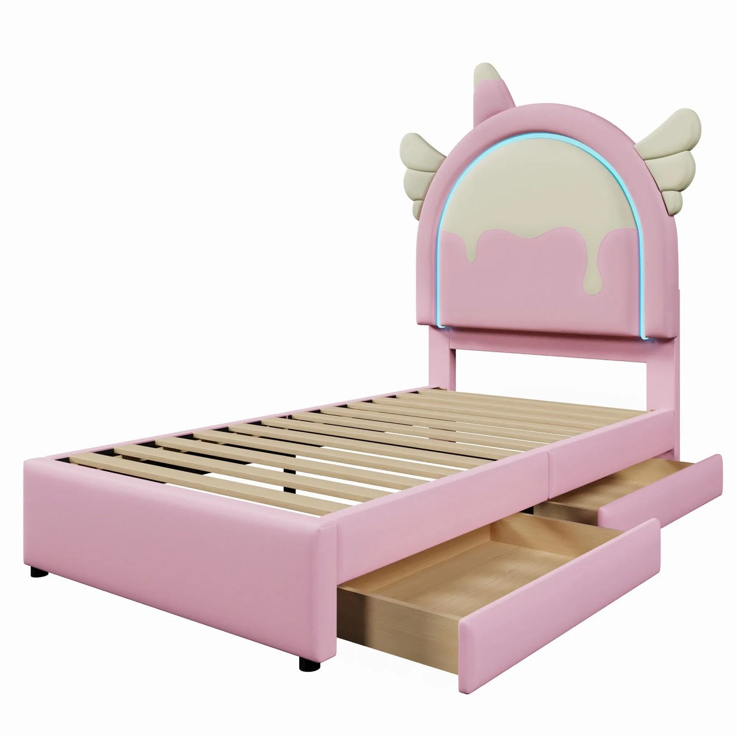 okwish Polsterbett 90×200 mit Leuchtleiste und 2 Schubladen ohne Matratze