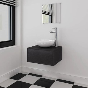 Schwarzes vidaXL Badmöbel-Set mit Waschbecken, Wasserhahn und Spiegel. Modernes Design für Ihr Badezimmer.