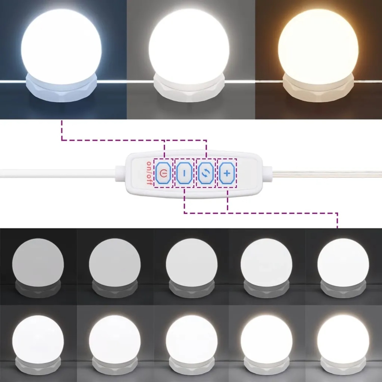 LED-Leuchten für vidaXL Schminktisch, verschiedene Helligkeitsstufen.