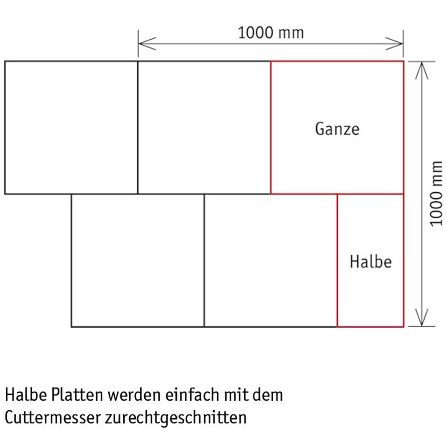Verlegebeispiel für grüne Fallschutzplatten 50x50x3 cm, ganze und halbe Platten
