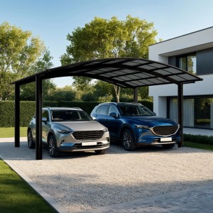 Ximax Alu Doppelcarport Portoforte Typ 80 in Schwarz mit zwei geparkten Autos.