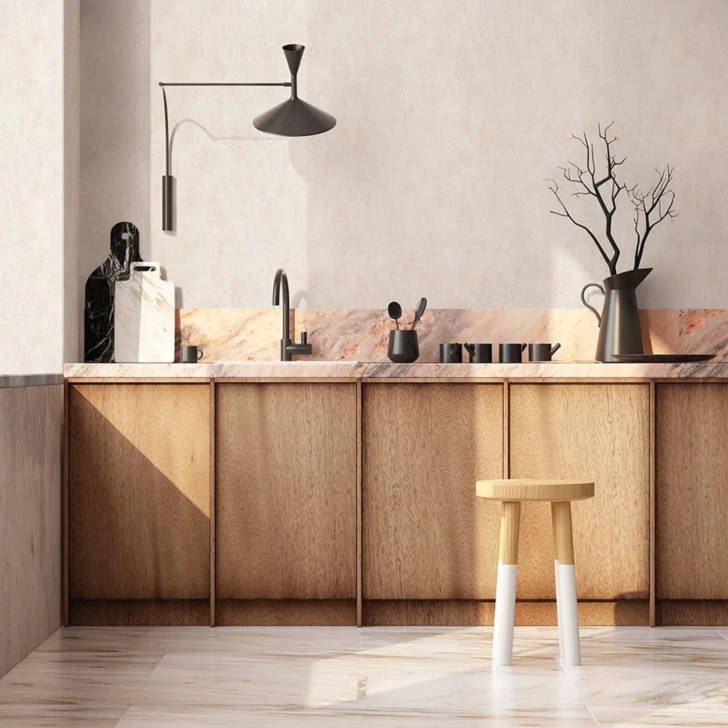 Beige Marburg Vliestapete Uni Modern im Küchen-Interieur mit Holzschrank und Dekoration.