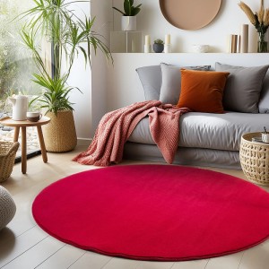 Runder, roter Kurzflorteppich Ayyildiz Sky 5400 mit 120 cm Durchmesser im Wohnzimmer.
