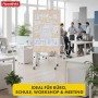 Mobile beige Filz-Moderationstafel auf Rollen im Büro, mit Notizen und Personen. Perfekt für Präsentationen & Meetings.