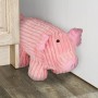 Rosa Plüsch-Türstopper in Schweineform hält eine Tür offen. Dekorativer Türpuffer aus weichem Stoff auf Holzboden.