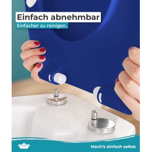 Blauer Calmwaters WC-Sitz aus Duroplast mit Quick-Release wird zur einfachen Reinigung abgenommen.