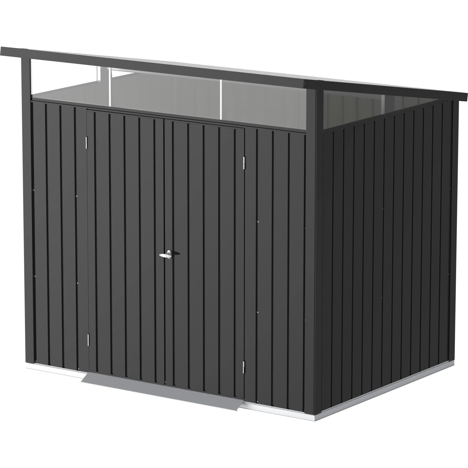 Duramax Metallgerätehaus Palladium 8x6 in Anthrazit mit Pultdach und Doppeltür.