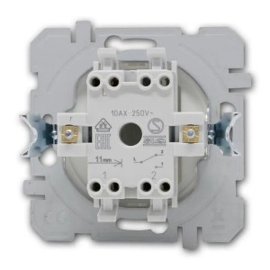 Detailansicht der Rückseite eines weißen TEM LOGIQ Wechselschalters ohne Rahmen, zur Elektroinstallation.