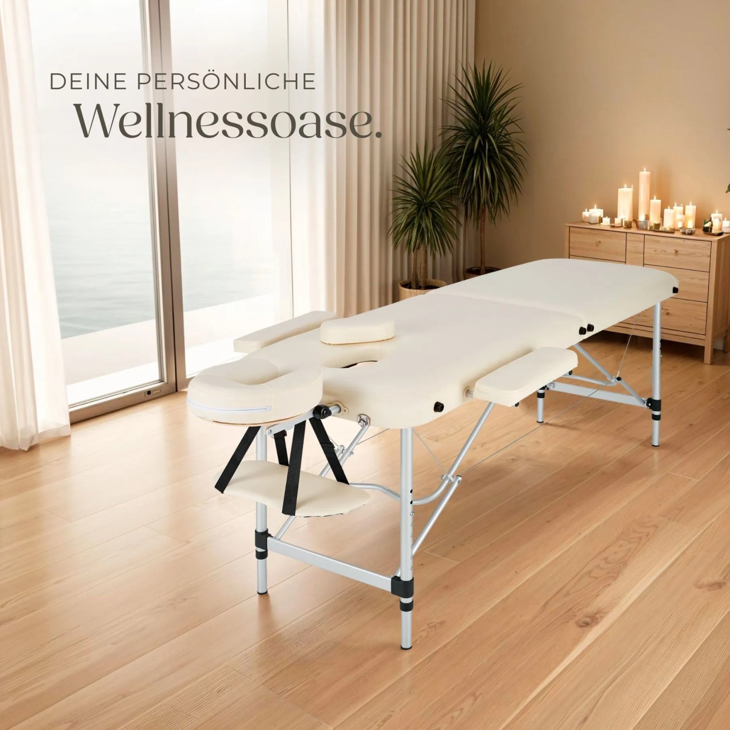 Beige Massageliege von Tectake mit Armlehnen, Kopfstütze und Tragetasche, 205x60x89 cm.