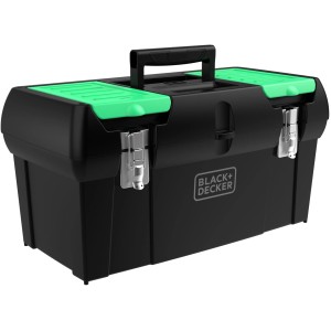 Black+Decker Werkzeugbox reviva 19: Schwarzer Werkzeugkoffer mit grünen Akzenten und Metallverschlüssen.