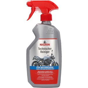 Nigrin Technischer Reiniger für Motorräder, 500 ml Flasche mit rotem Sprühkopf.