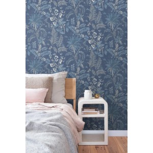 Sanders & Sanders Tapete mit tropischen Blättern in Blau im Schlafzimmer.
