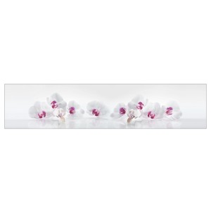 MySpotti Küchenrückwand mit Orchideen-Motiv in Lila und Weiß, 270x60 cm.
