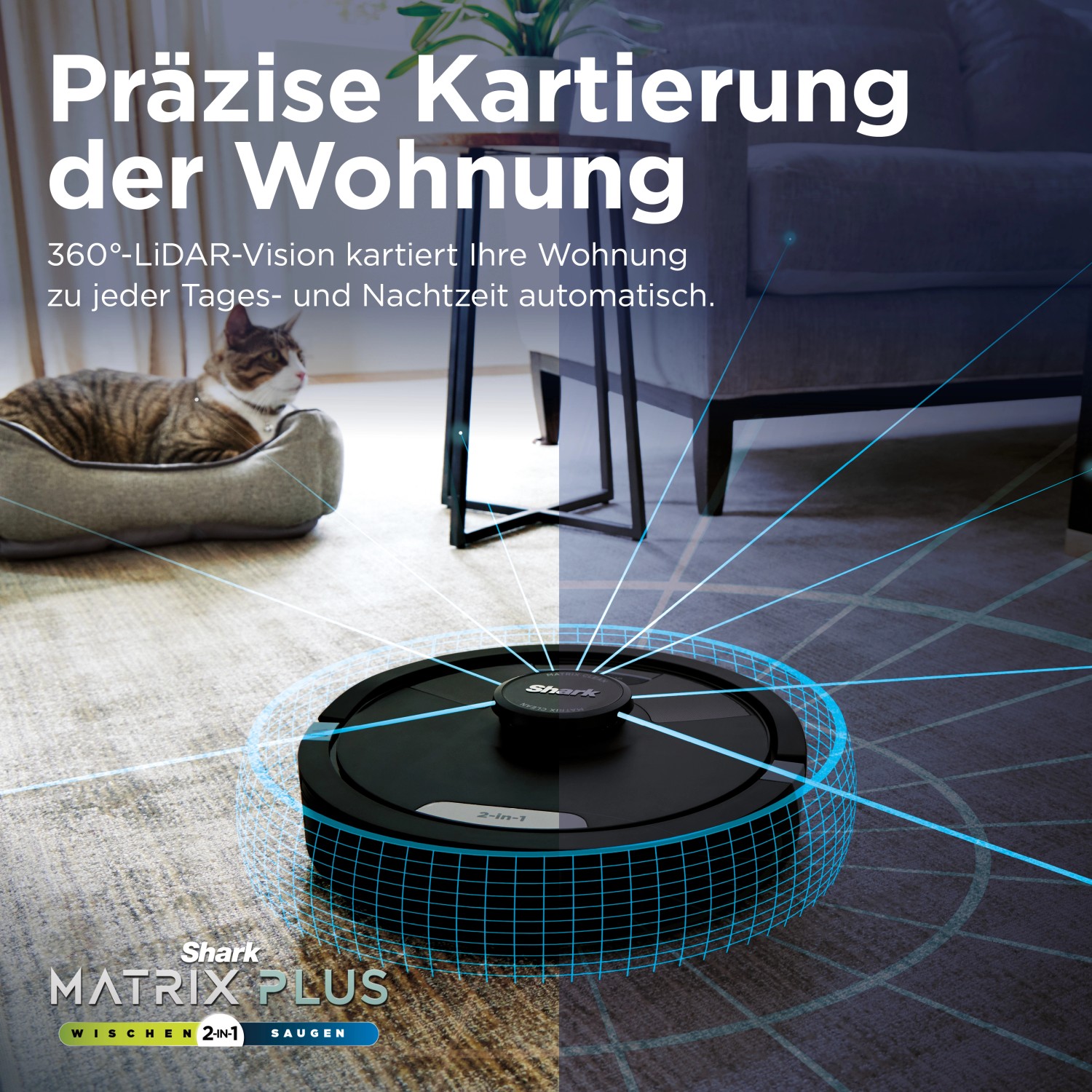 Schwarzer Shark Saug- und Wischroboter Matrix Plus im Einsatz mit Katzen-Haustier im Hintergrund.