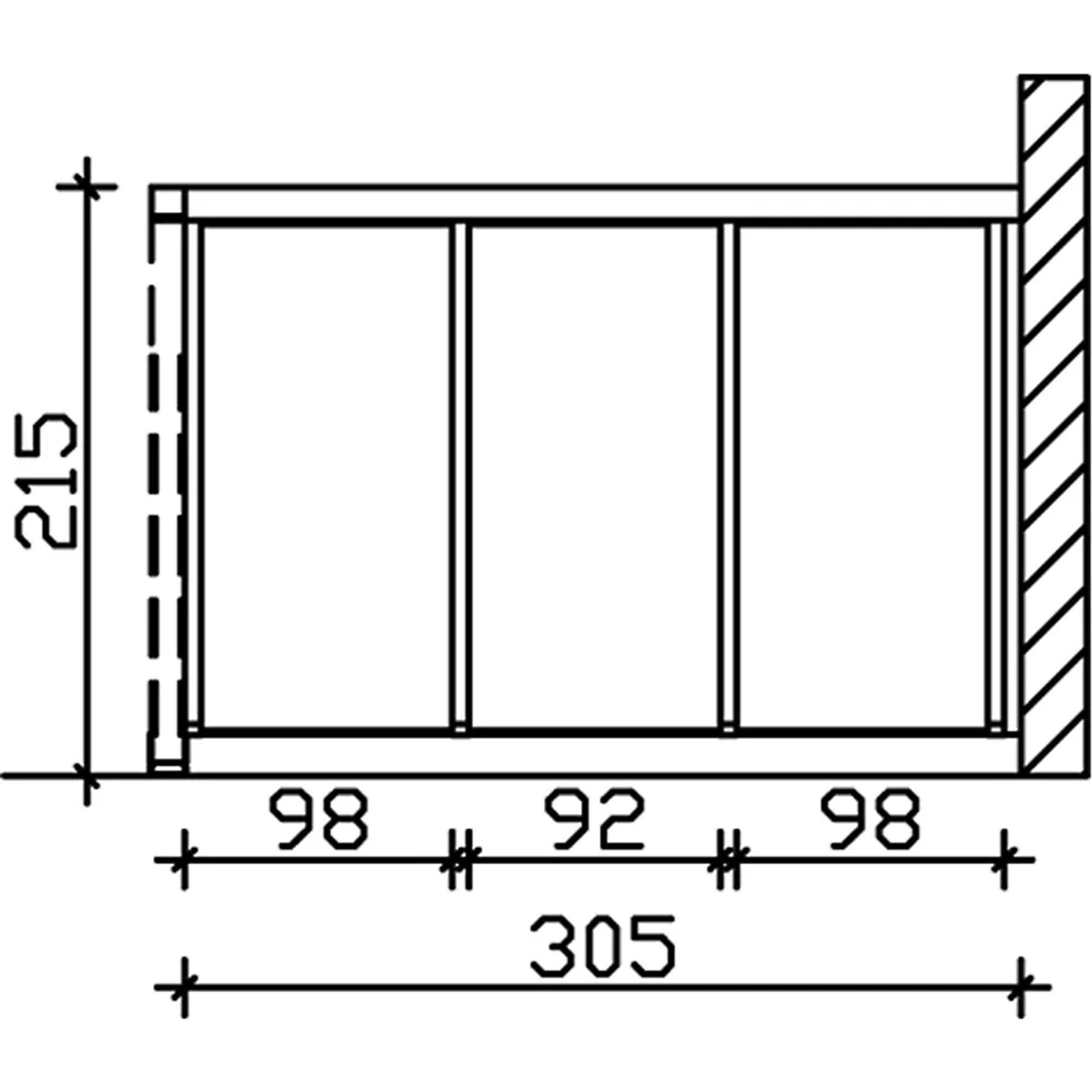 Technische Zeichnung der Skan Holz Seitenwand 305x200 cm, Douglasie Nussbaum, für Terrassenüberdachung.