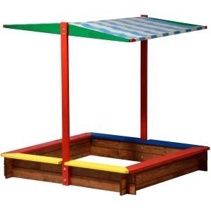 Bunter Holz Sandkasten XL mit Dach (120x120x125cm), FSC-zertifiziert, ideal für Kinder zum Spielen im Garten.