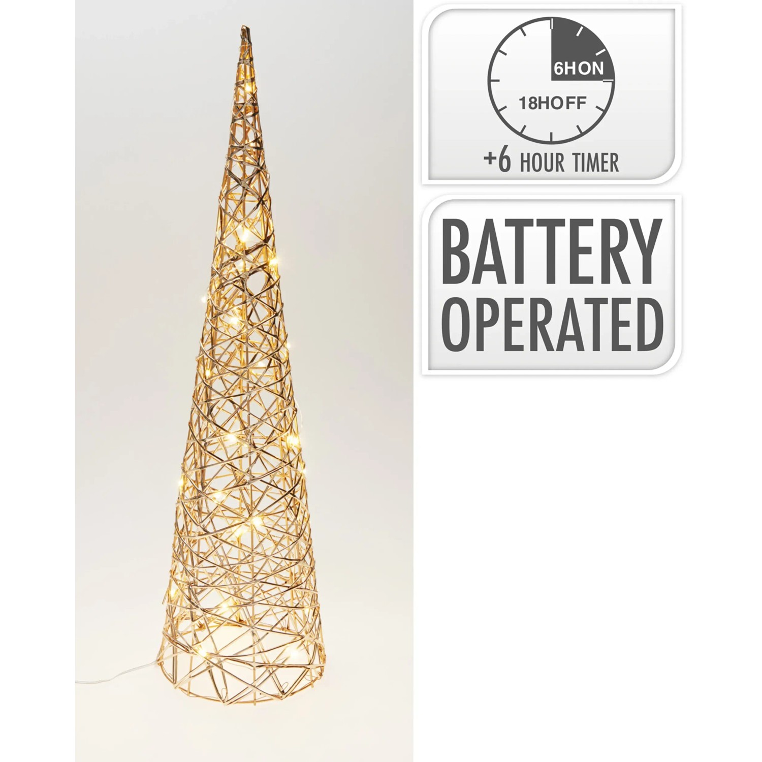 Goldener LED Kegelbaum, 60cm, mit warmweißen Lichtern, batteriebetrieben, für stimmungsvolle Weihnachtsdeko.