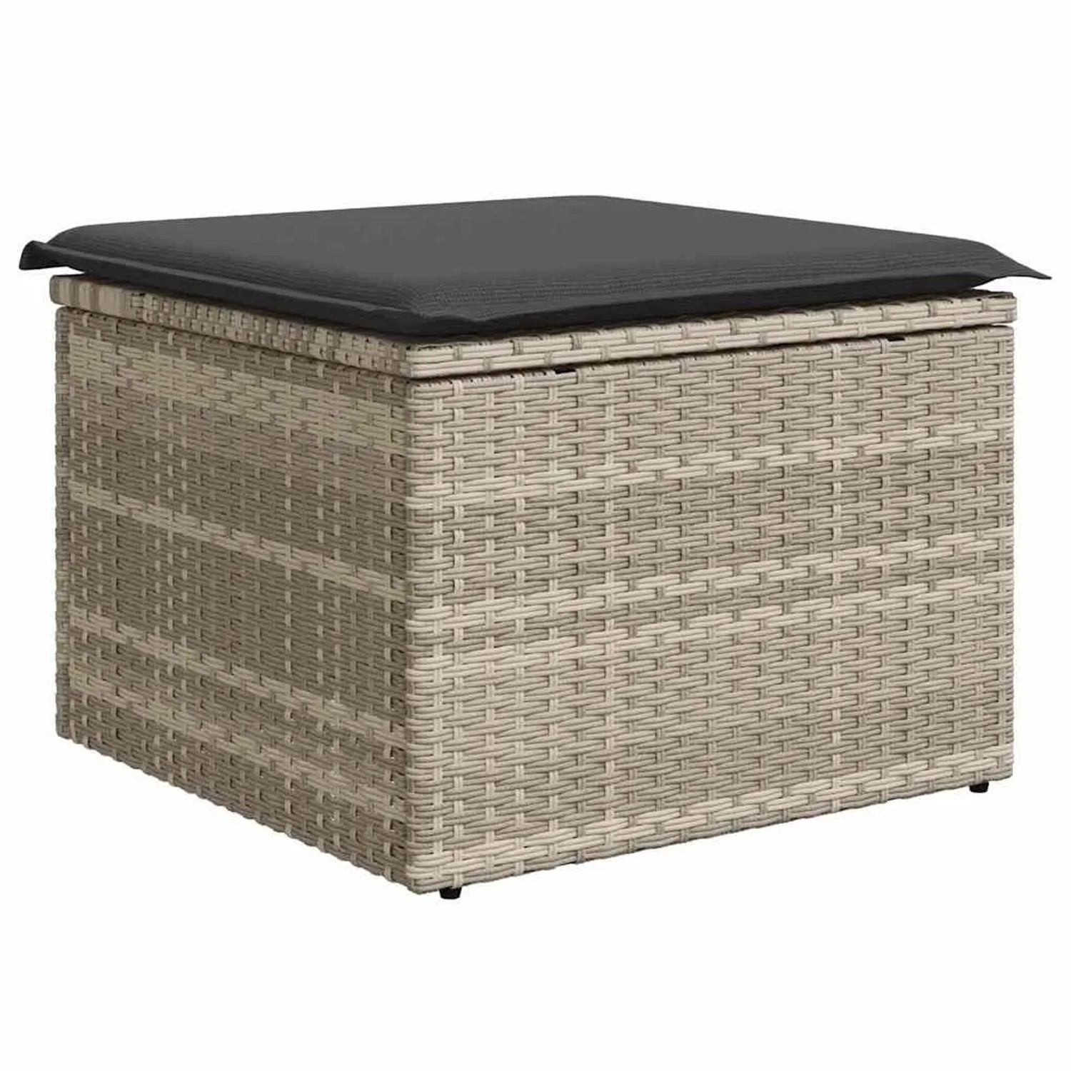 Hocker mit grauem Kissen aus Poly Rattan, Teil des vidaXL Garten-Sofa-Sets.