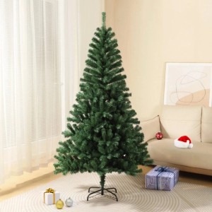 Grüner künstlicher Weihnachtsbaum 210cm mit dichten Luvi-Nadeln und schwarzem Metallständer, ungeschmückt im Wohnzimmer.