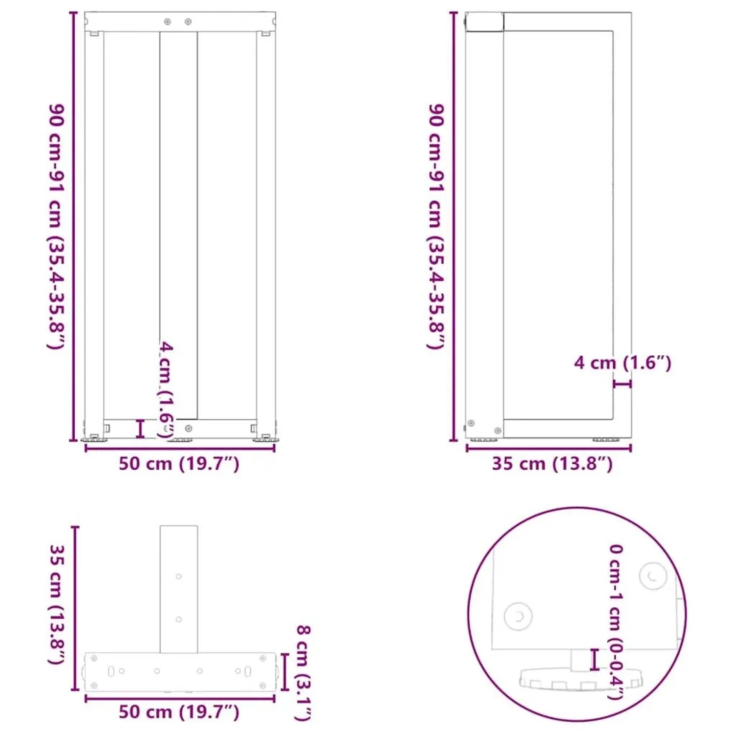 vidaXL Bartischbeine, T-Form, 2 Stk., schwarz, Stahl, Maße: 50x35x90-91 cm. Ideal für Stehtische.