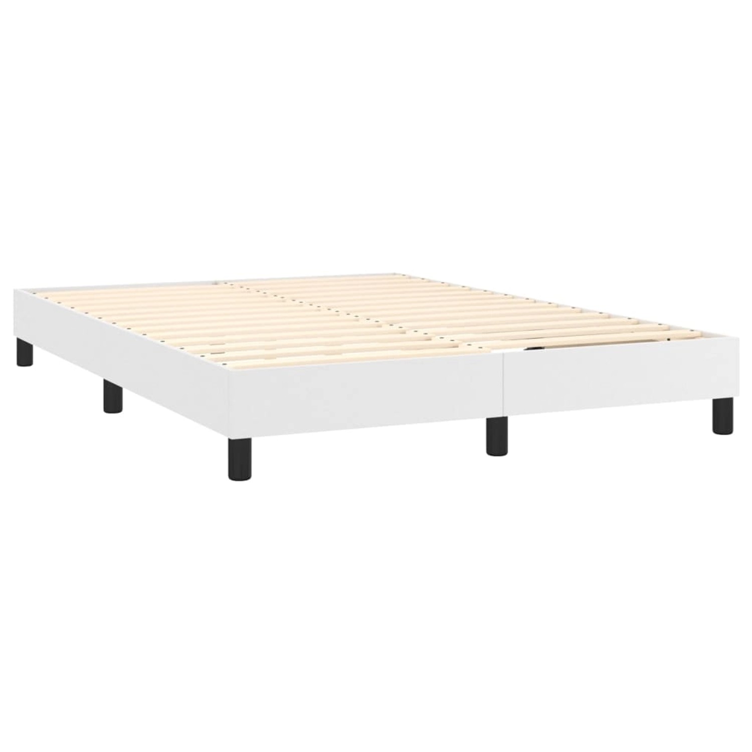 Weißes vidaXL Boxspringbett 140x200 cm mit Lattenrost. Bettrahmen aus Kunstleder mit schwarzen Füßen.