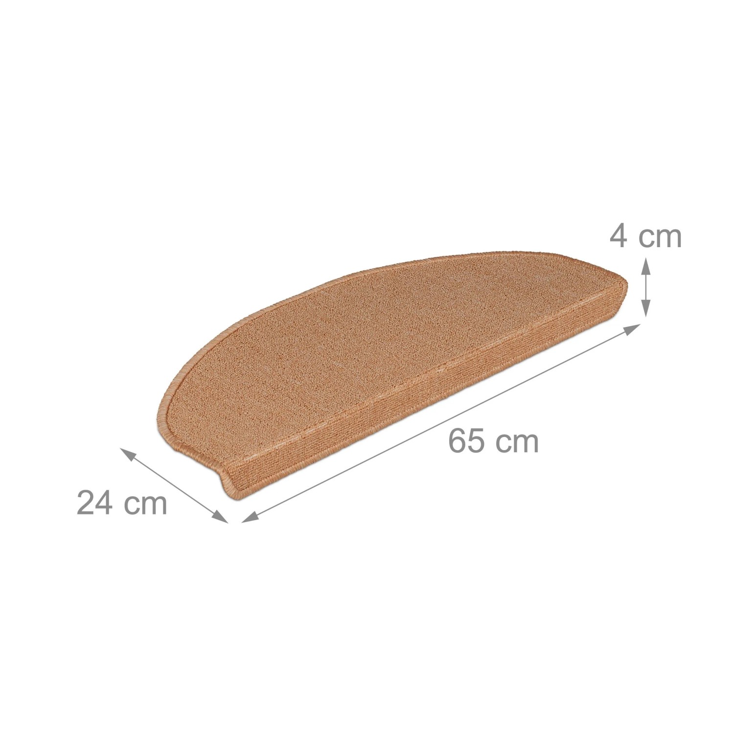 Beige Treppenmatte mit abgerundetem Design, selbstklebend und rutschhemmend. Maße: 65x24x4 cm.
