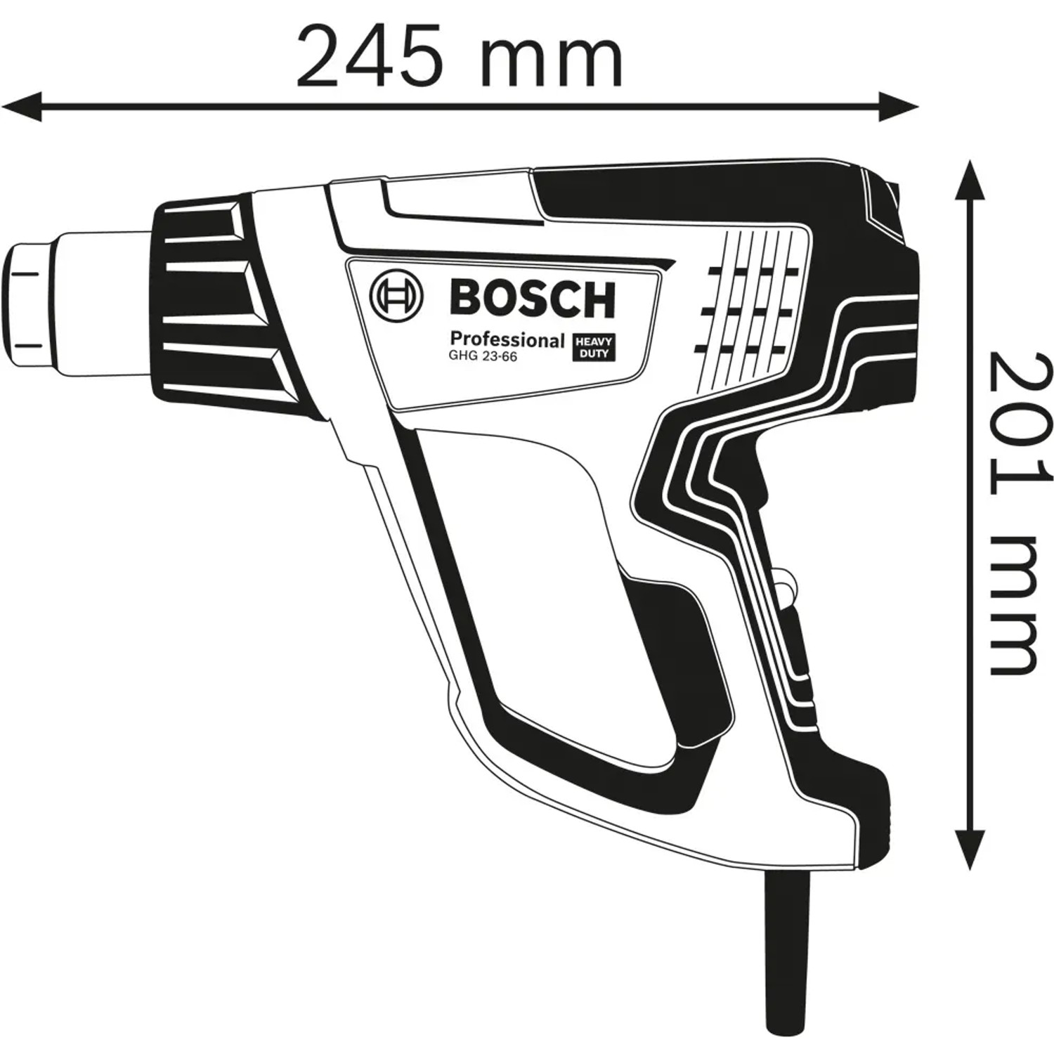 Skizze des Bosch Professional Heißluftgebläse GHG 23-66 mit Maßangaben.