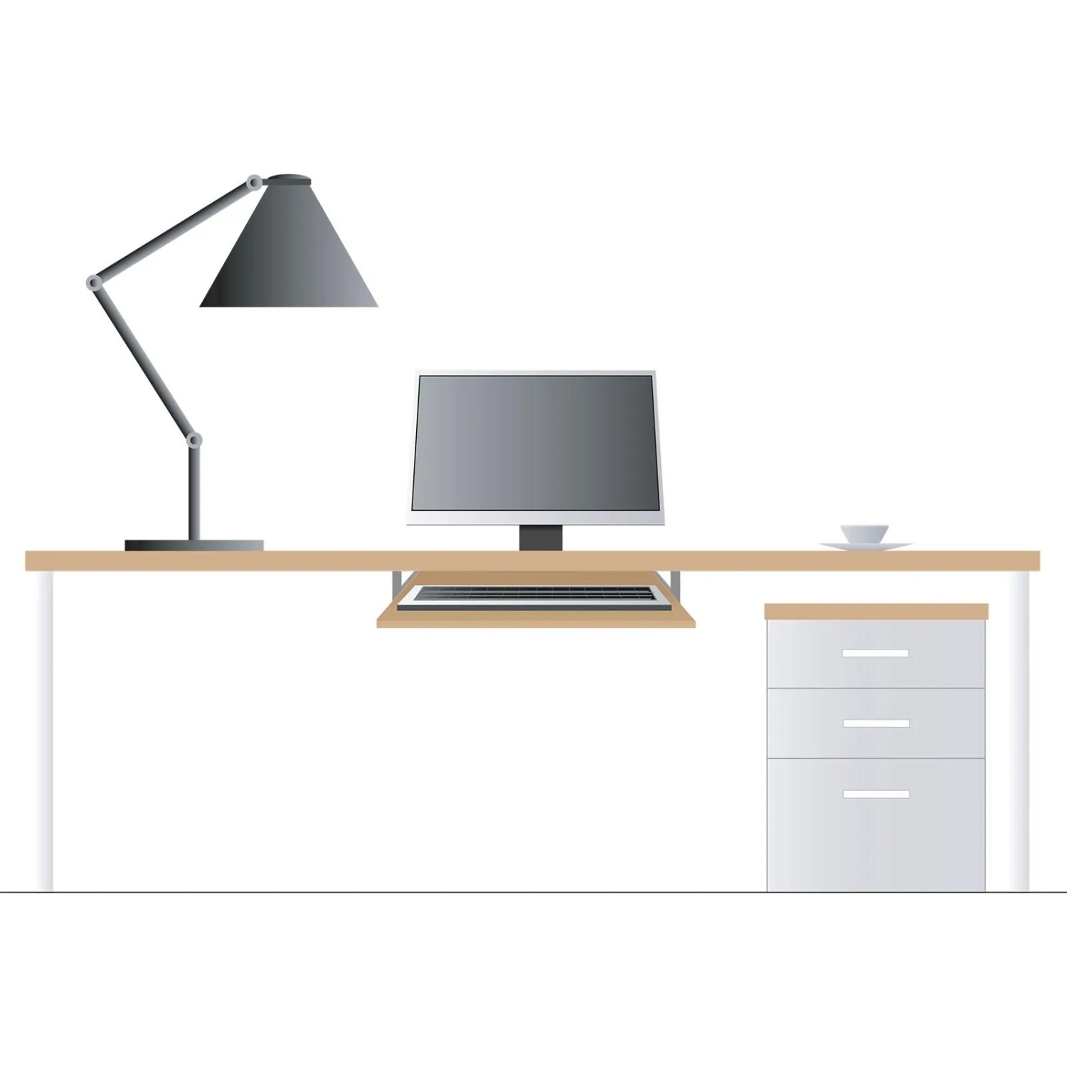 Unterbau Tastaturauszug am Schreibtisch, mit Tastatur und Monitor. Silberfarbene Führung für Bürobedarf.