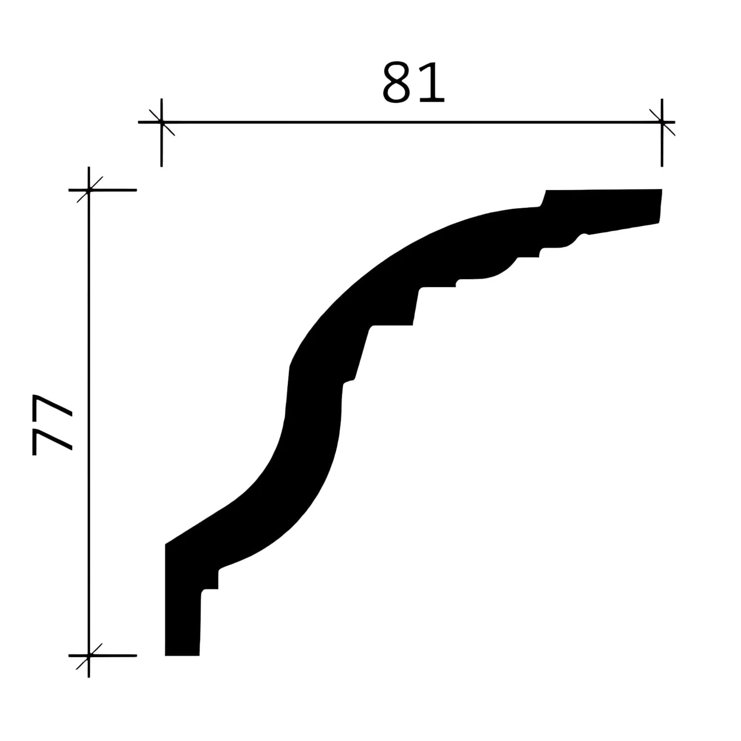 Abbildung einer PROFHOME Eckleiste (77x81mm) im Querschnitt, Zubehör für Paneele.