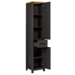 Hochschrank Veneto Anthrazit, Badschrank mit Eiche-Optik Topplatte, offenen Türen, Schublade und Einlegeböden.