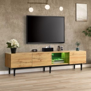 Moderner TV Schrank 175cm in Natur Holzmaserung mit LED Beleuchtung. Ideal für Wohnzimmer, bietet viel Stauraum.