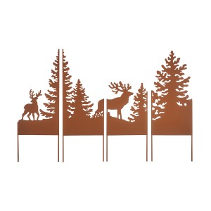 Kobolo Gartenstecker Set FOREST, 4-teilig, Metall Rostoptik, Wald- und Hirschmotive.