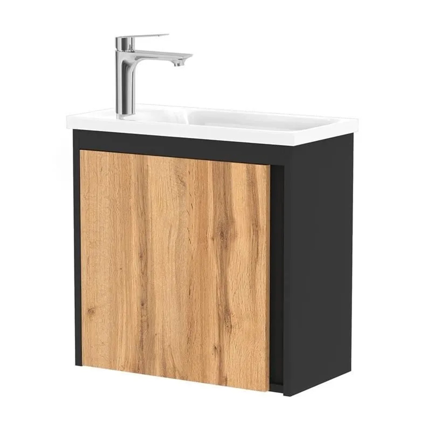 Planetmöbel Waschbeckenunterschrank 50 cm Schwarz Matt Wotan Eiche mit Waschbecken Armatur Chrom