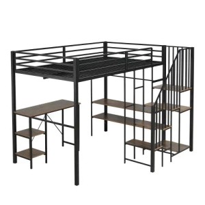 KOMHTOM Etagenbett Aus Eisen  120 x 200 Cm  Mit Eckkleiderschrank  Tisch Und Kleiderstange  Eisen + Mdf  Schwarz + Holzfarben