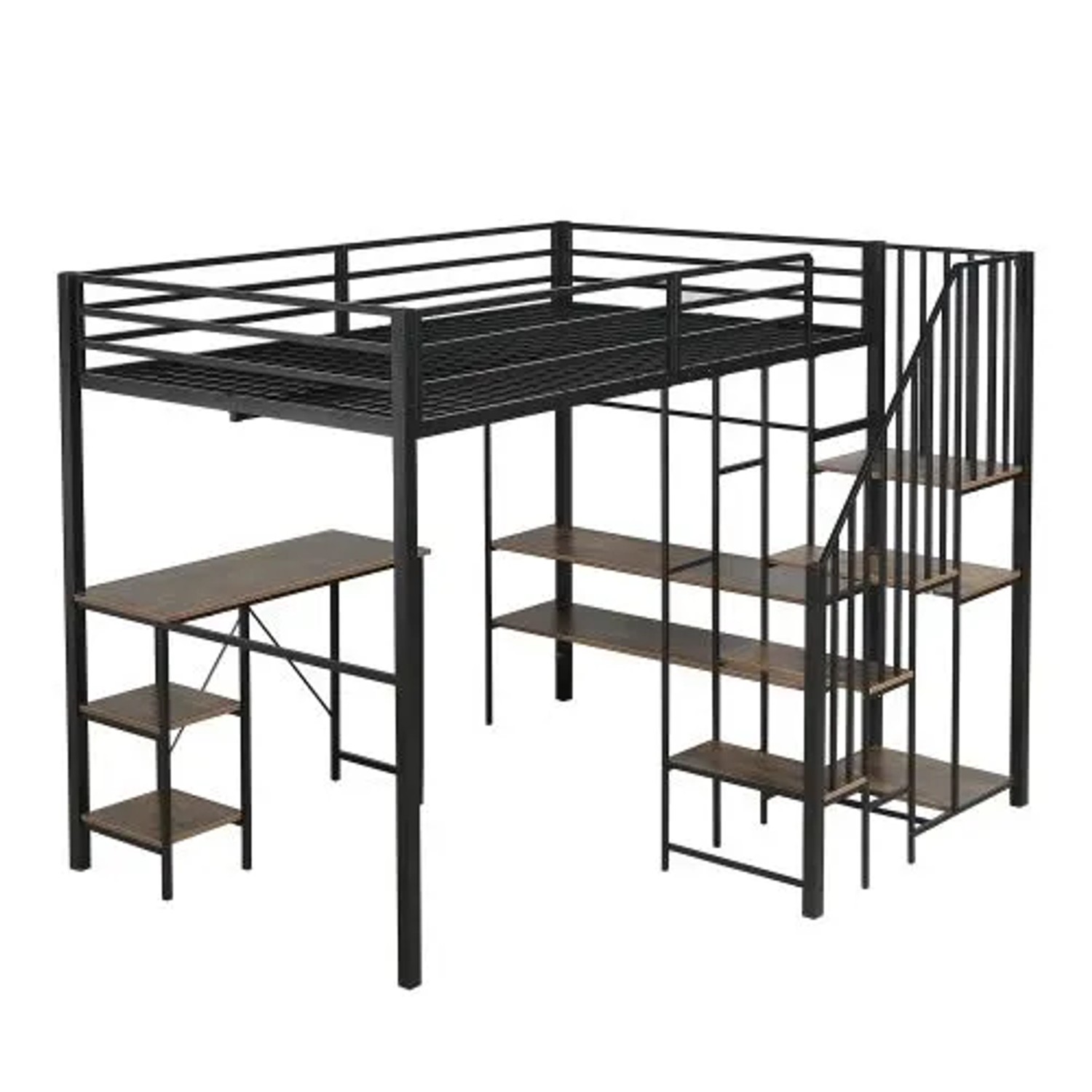 KOMHTOM Etagenbett Aus Eisen  120 x 200 Cm  Mit Eckkleiderschrank  Tisch Und Kleiderstange  Eisen + Mdf  Schwarz + Holzfarben