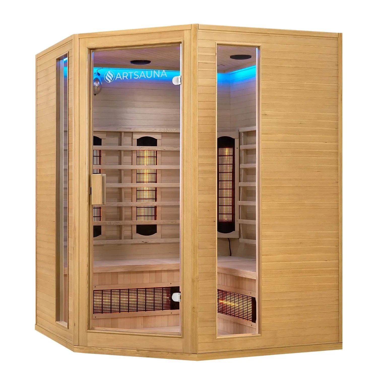 Artsauna Infrarotkabine Nyborg E150V aus Hemlockholz mit Glasfront und Eckbank für 4 Personen.