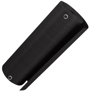 Gerollter, schwarzer NYVI Balkon Sichtschutz (500x100 cm) aus Polyrattan mit Metallösen.