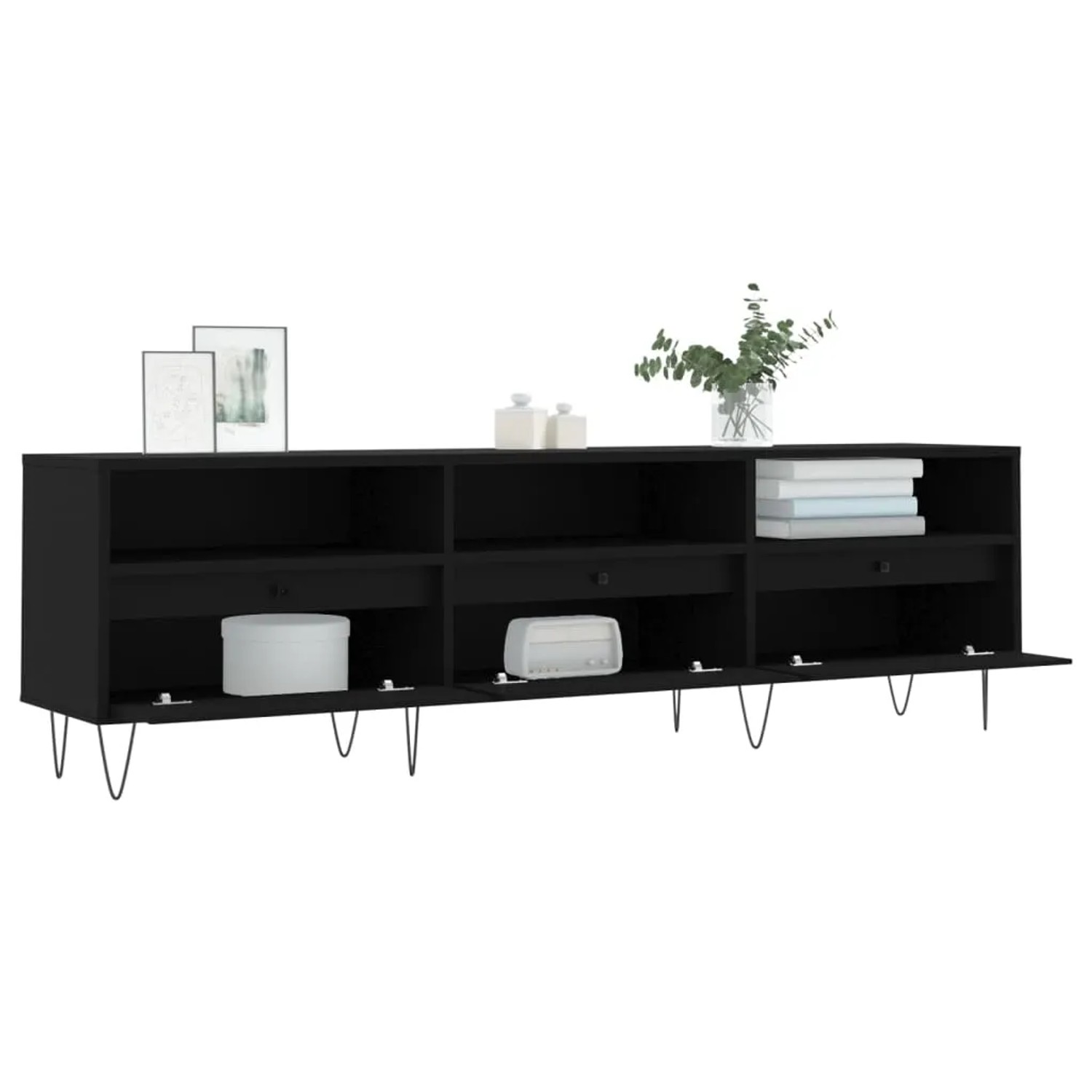 FIRBNUS TV-Schrank Schwarz – 150x30x44,5 Cm, Holzwerkstoff Mit Eisenbeinen – 6 Fächer, Moderner Fernsehunterschrank Fürs Wohnzimmer