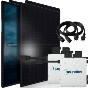 SUNNIVA Balkonkraftwerk 920W mit zwei Solarmodulen, Wechselrichter und Kabeln.