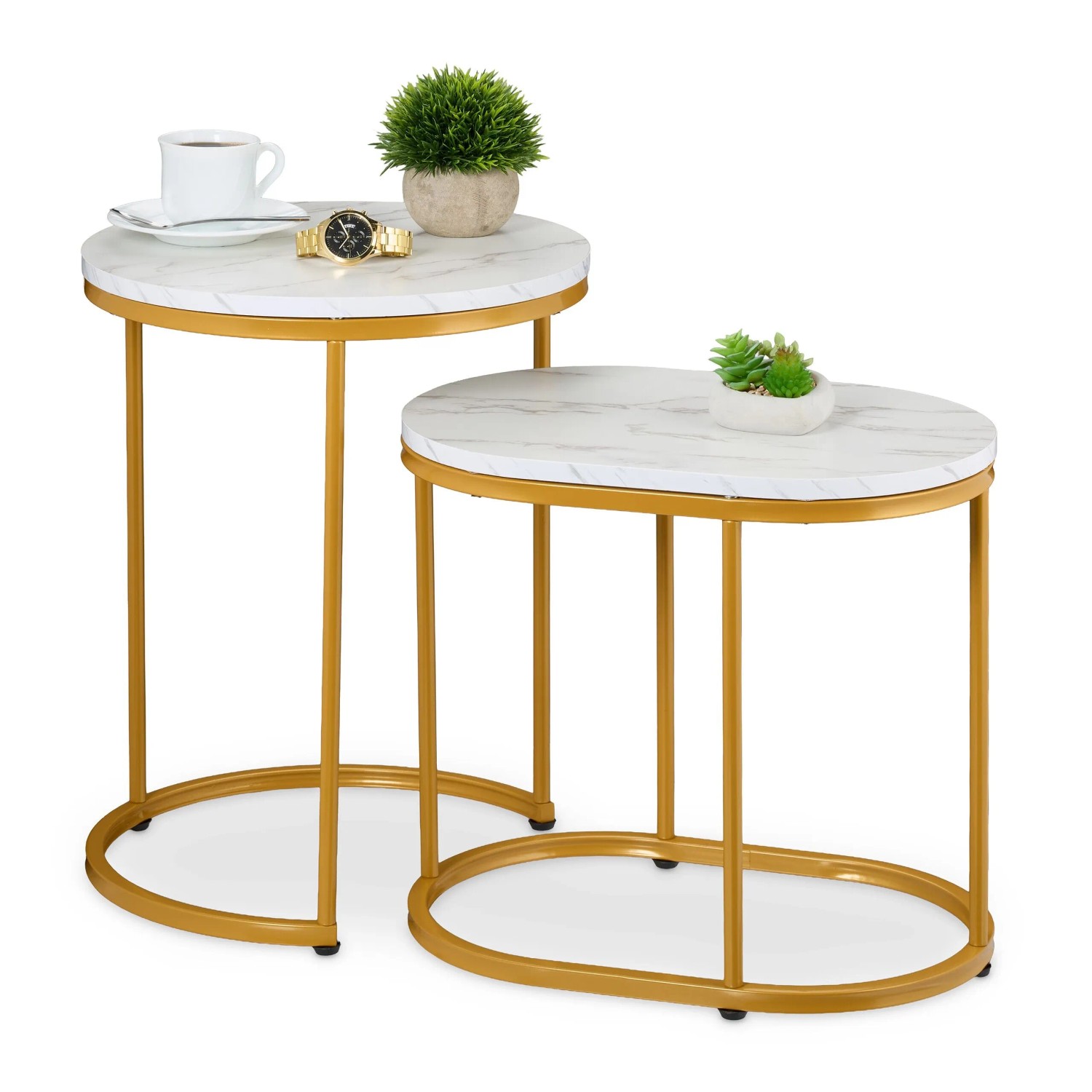 Relaxdays Satztisch 2er Set MDF Eisen Kunststoff Weiß Gold Marmoroptik Platzsparend 51 cm x 40 cm 41 cm x 45 cm x 30 cm 4,3 kg