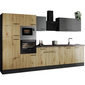 Respekta Küchenzeile Oliver 340 cm in Artisan Eiche/Grau Matt mit E-Geräten.