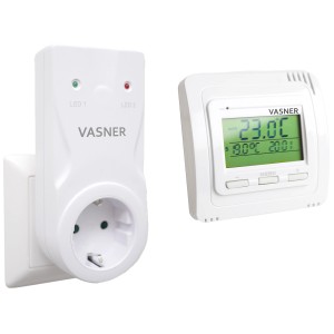 Vasner Funkthermostat-Set mit Sender und Steckdosenempfänger zur Steuerung von Elektroheizungen.
