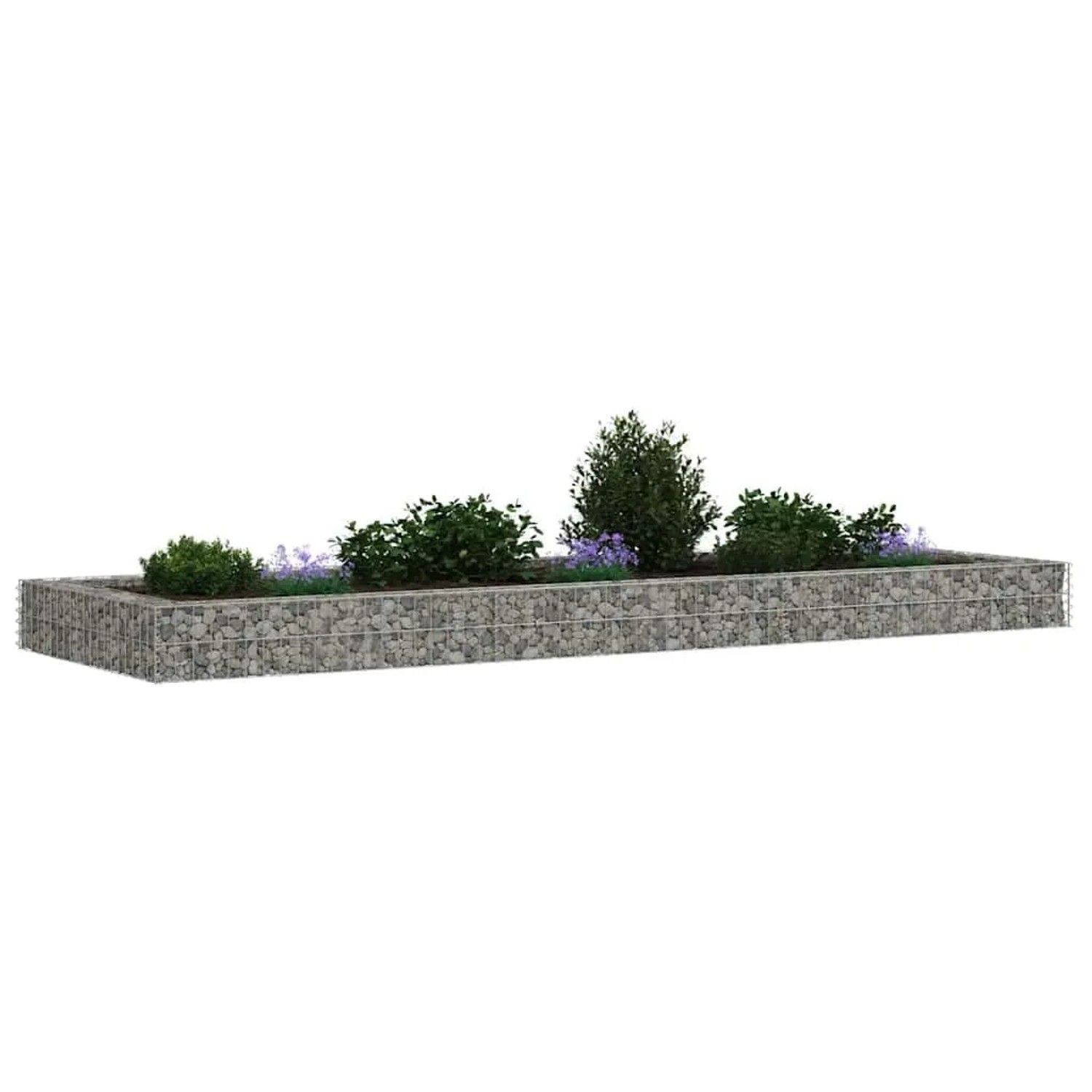 furnicato Gabionen-Hochbeet aus verzinktem Stahl, 300x100x20 cm, befüllt mit Steinen und bepflanzt.