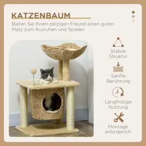 PawHut Kratzbaum, 74 cm, mit Katzenhöhle, Spielball und Liegefläche. Katze liegt in der Höhle.
