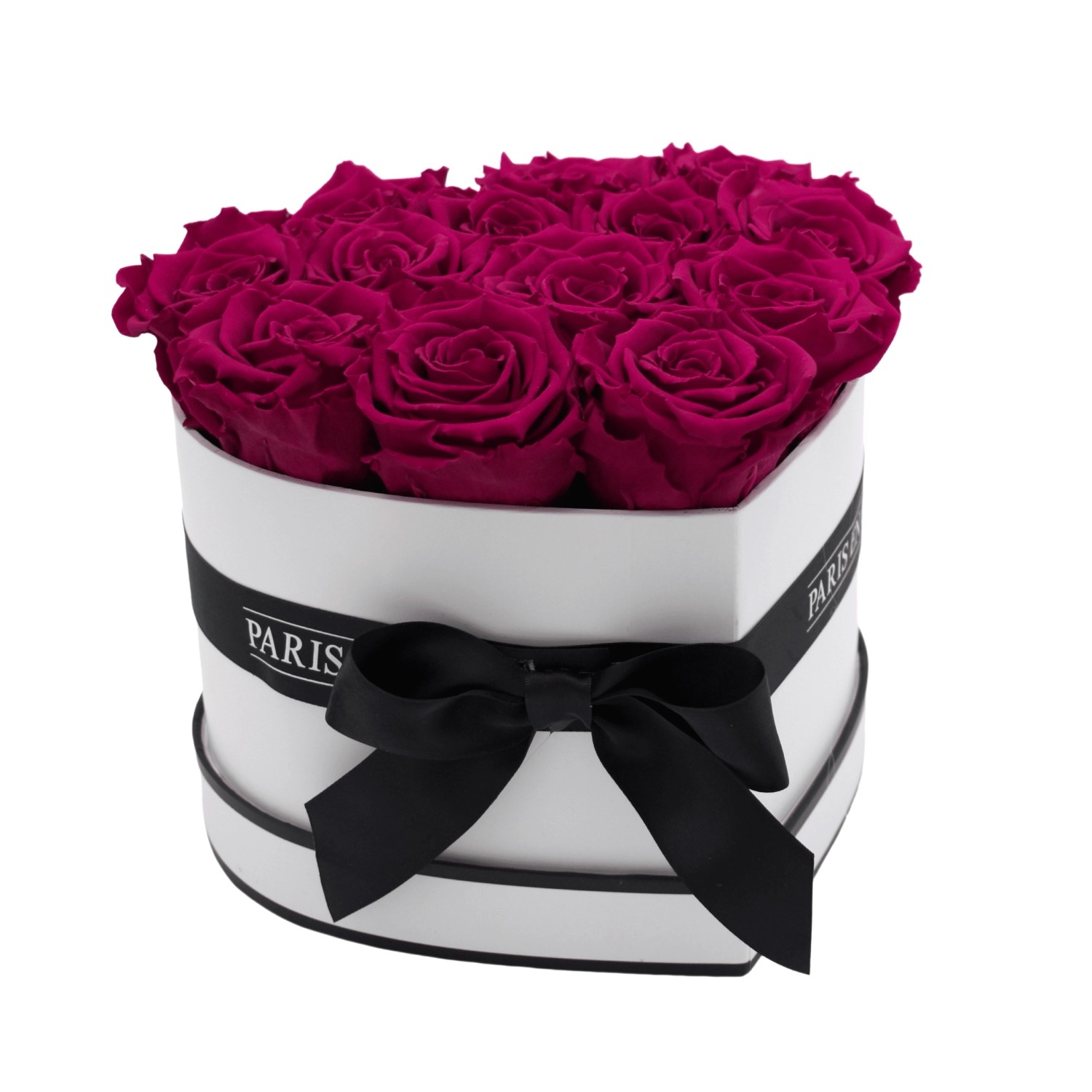 Rosenbox Herz Weiß-Schwarz mit 13 Pinke Rosen