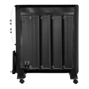 Schwarzer Vale Micathermic Heizkörper HY-200A mit 2000W, seitliche Ansicht mit Rollen.