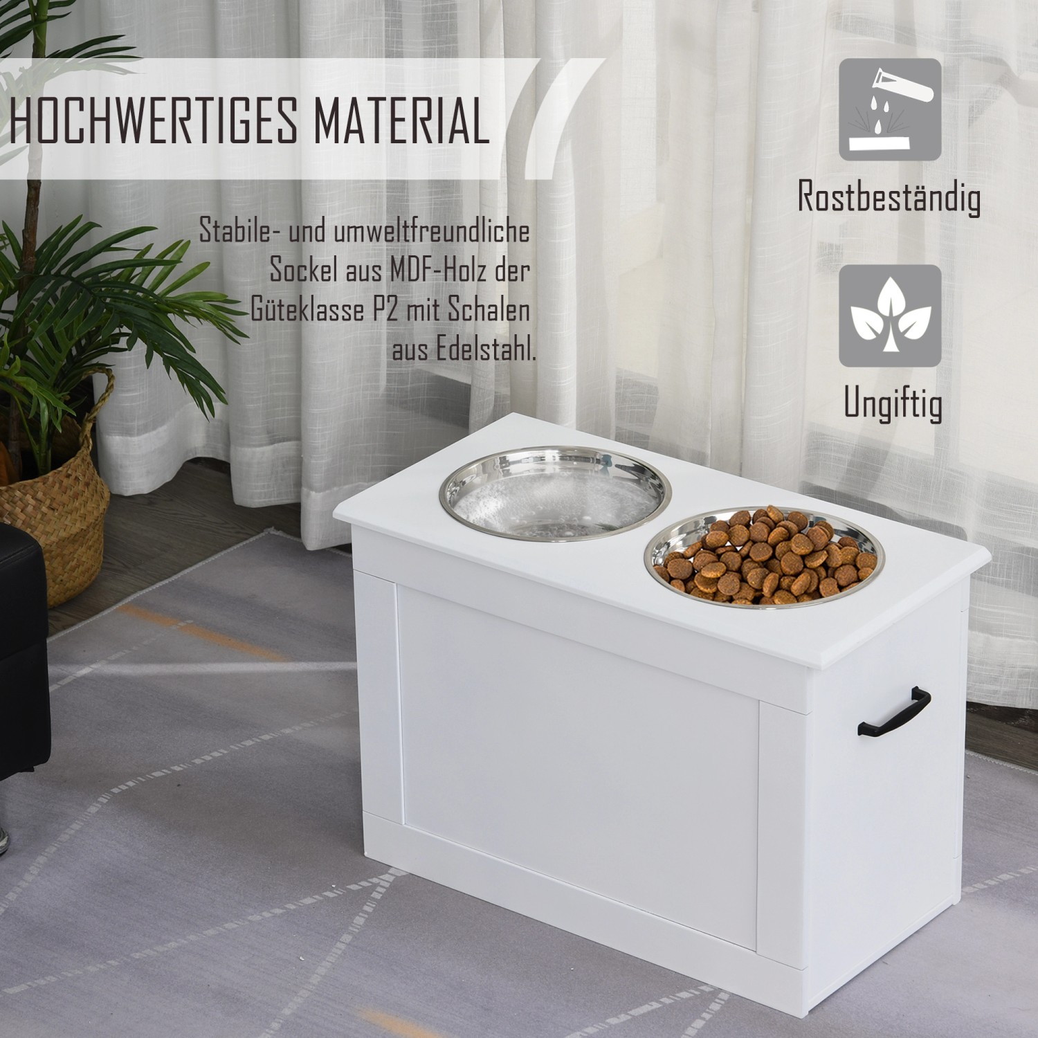 PawHut Fressnapf mit 2 Näpfen und Stauraum, weißes Holz.