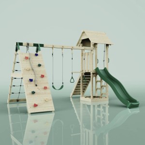 OutdoorToys Spielturm Kiruna mit Rutsche, Kletterwand und Trapezschaukel in Dunkelgrün.