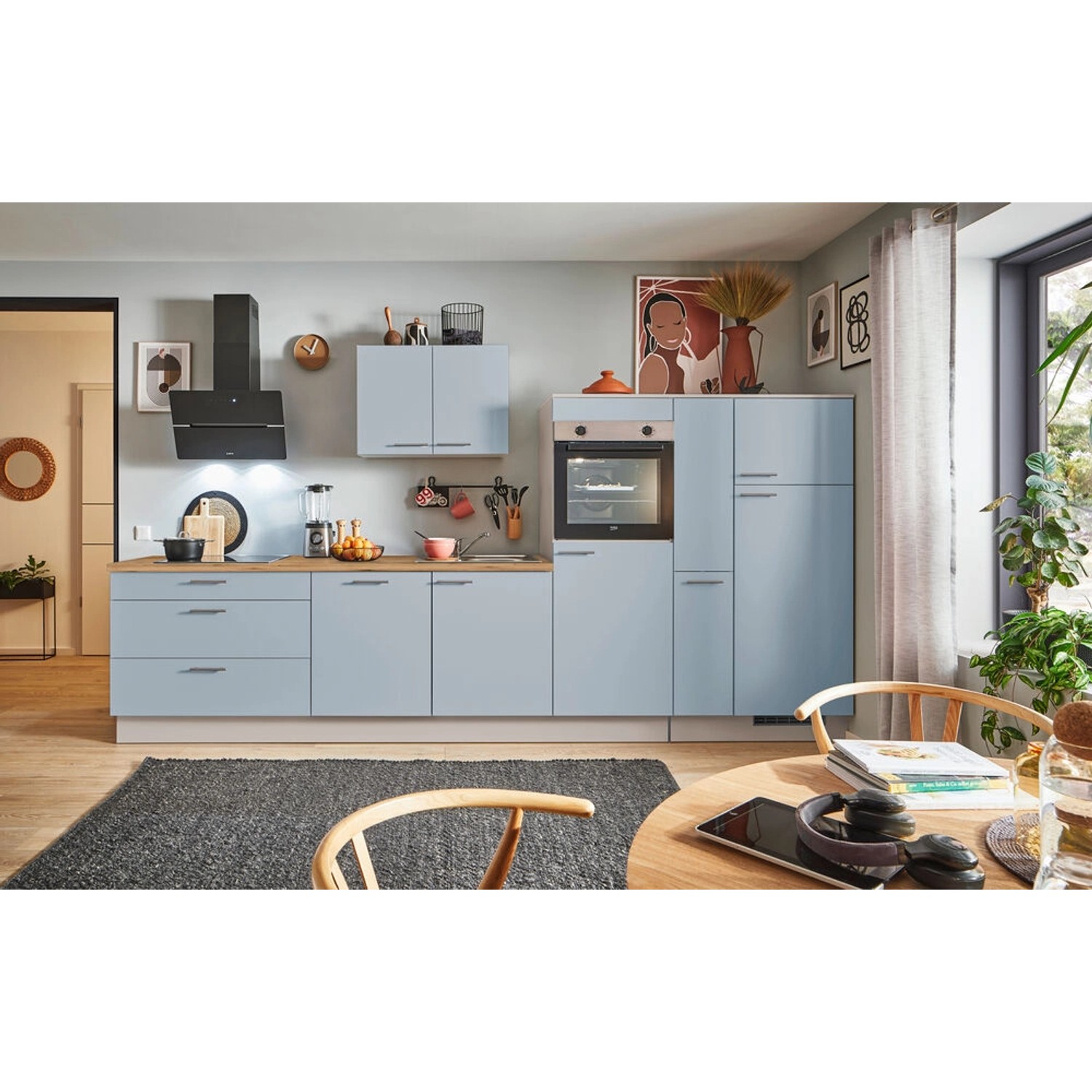 pino Küchenzeile 360cm Pastellblau Anschlag rechts 1 Geräte-, 1 Apothekersc günstig online kaufen